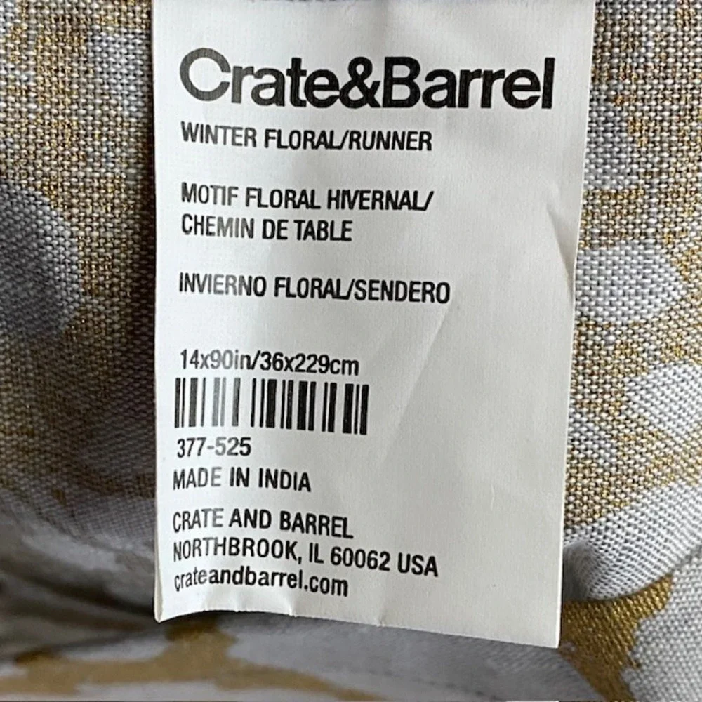 Crate & Barrel Winter Floral Table Runner 14x90 Gold Gray Linen Cotton Metallic